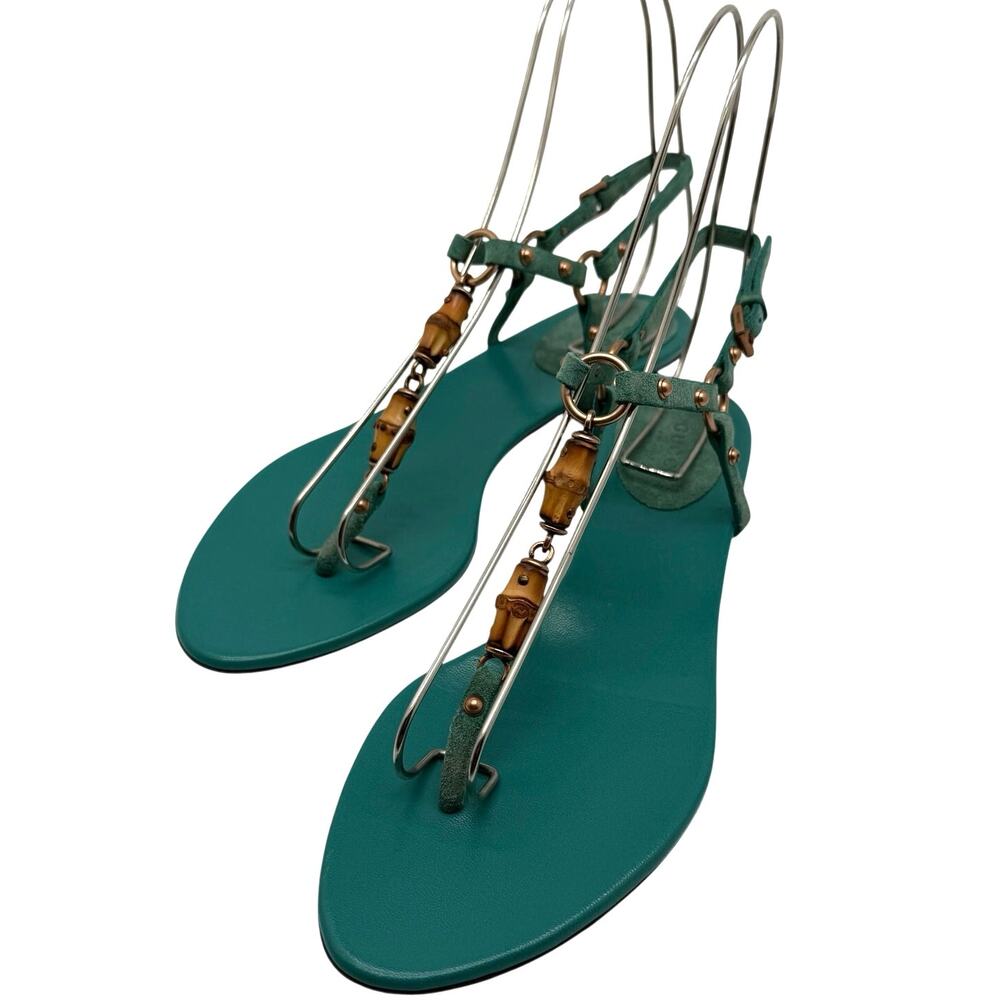 Gucci Bamboo Turquoise Leather T Strap Sandals Flats 38 EU Boho Coastal Resort